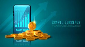 bitcoin-cryptocurrency-with-pile-coins-smartphone_73426-504